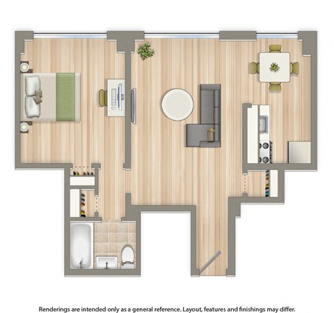 Floor plan for 1 bed, 1 bath, 512 sqft